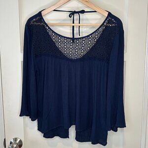 Abercrombie & Fitch Bohemian Style 3/4 Length Sleeve Top, Navy - Size Small